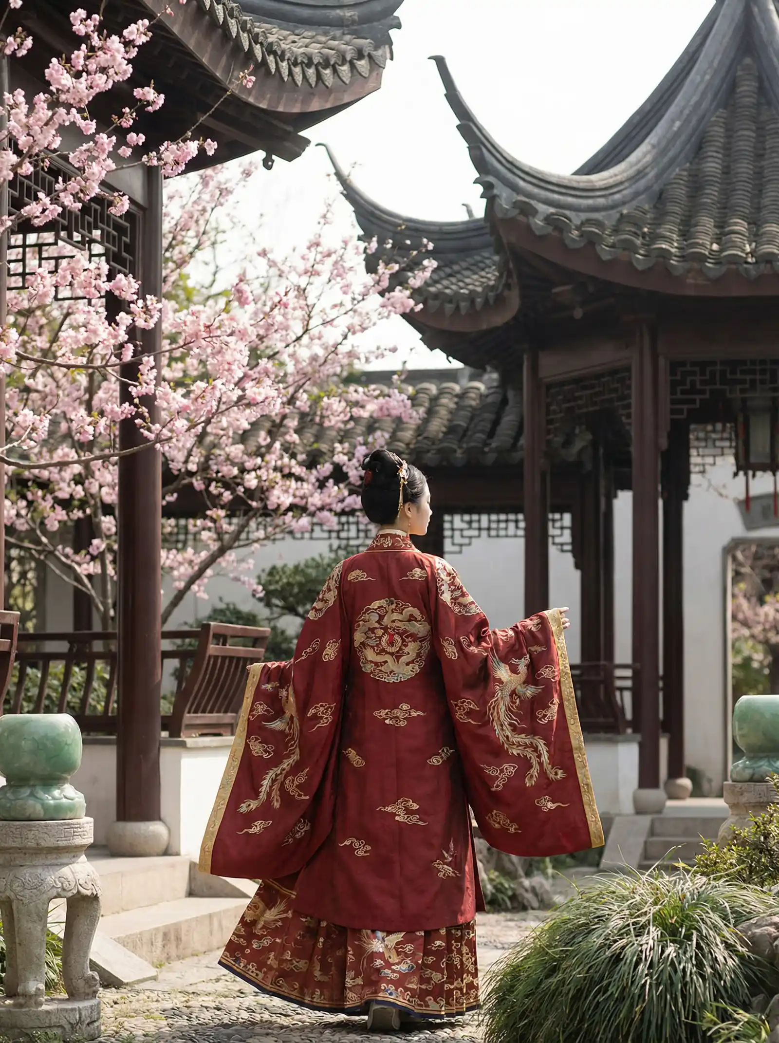 按摩技师 明制汉服红色凤凰刺绣